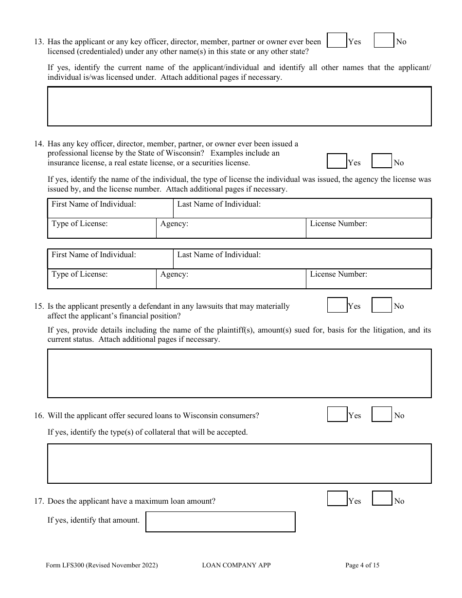 Form LFS300 Loan Company License Application - Wisconsin, Page 9