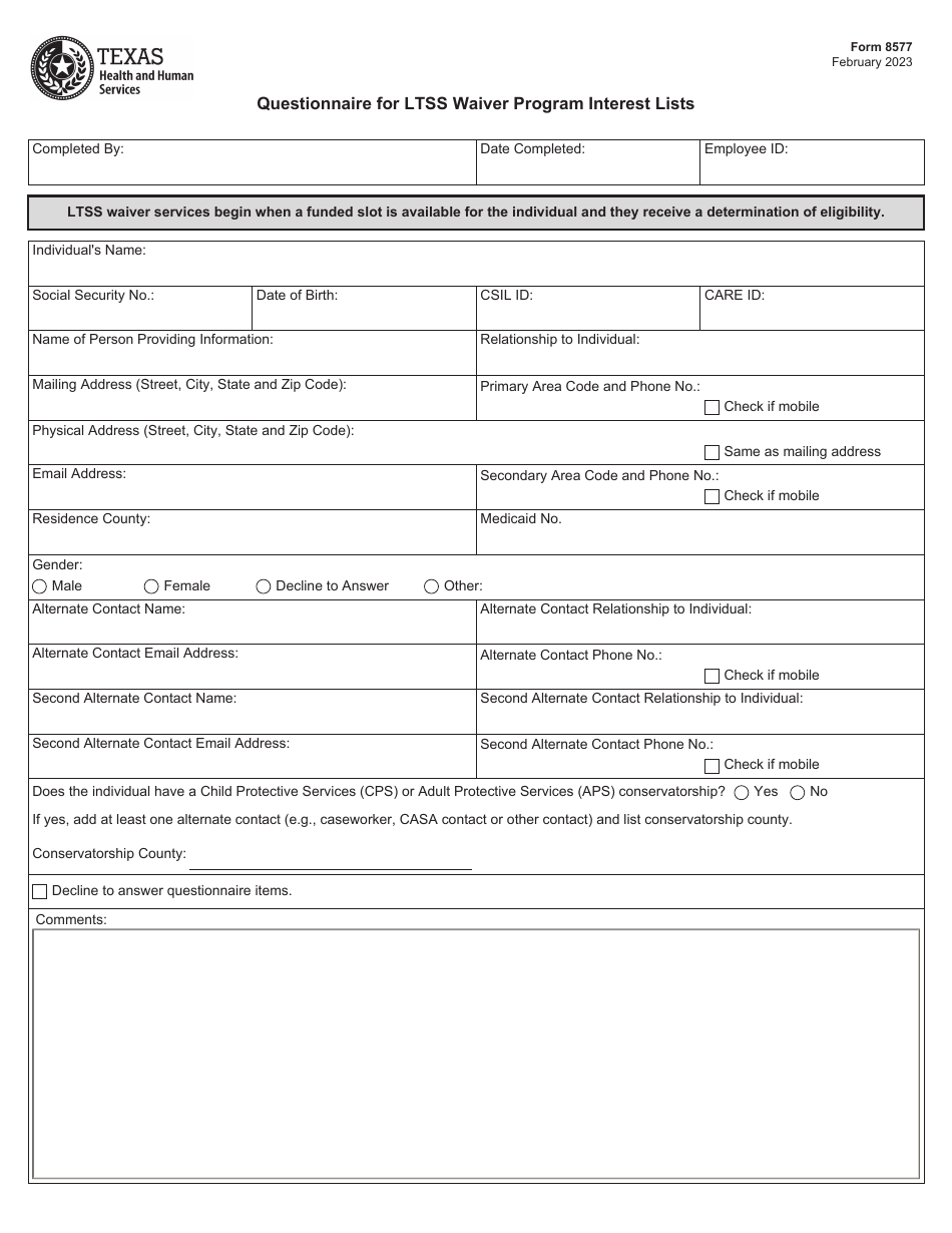 Form 8577 Questionnaire for Ltss Waiver Program Interest Lists - Texas, Page 1