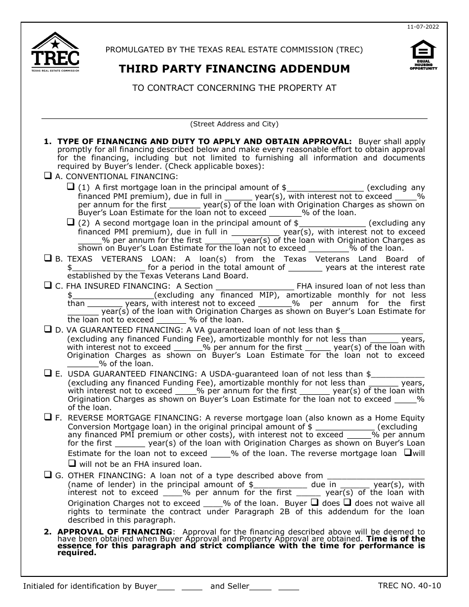 TREC Form 40-10 Third Party Financing Addendum - Texas, Page 1
