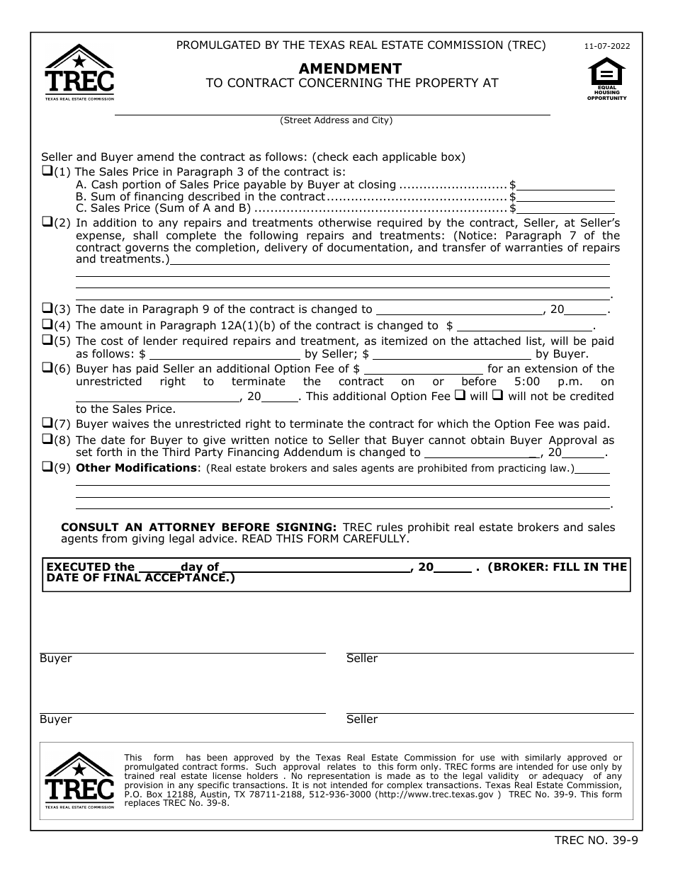 TREC Form 39-9 Amendment to Contract - Texas, Page 1