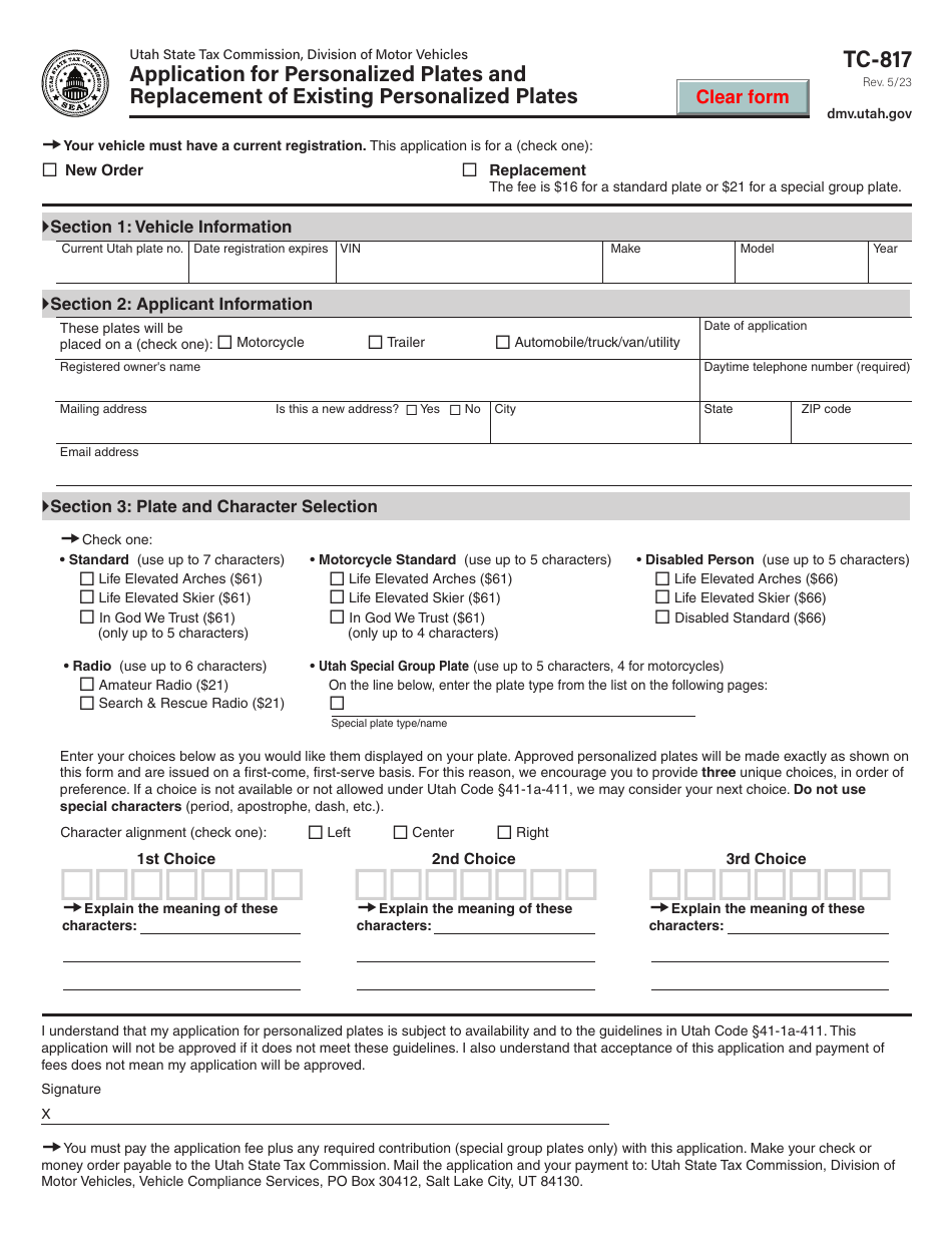 Form TC-817 Application for Personalized Plates and Replacement of Existing Personalized Plates - Utah, Page 1