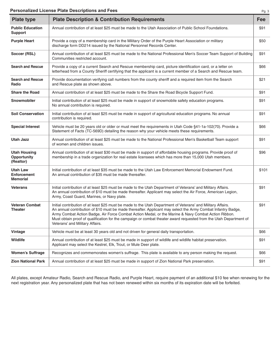 Form TC-817 Application for Personalized Plates and Replacement of Existing Personalized Plates - Utah, Page 3