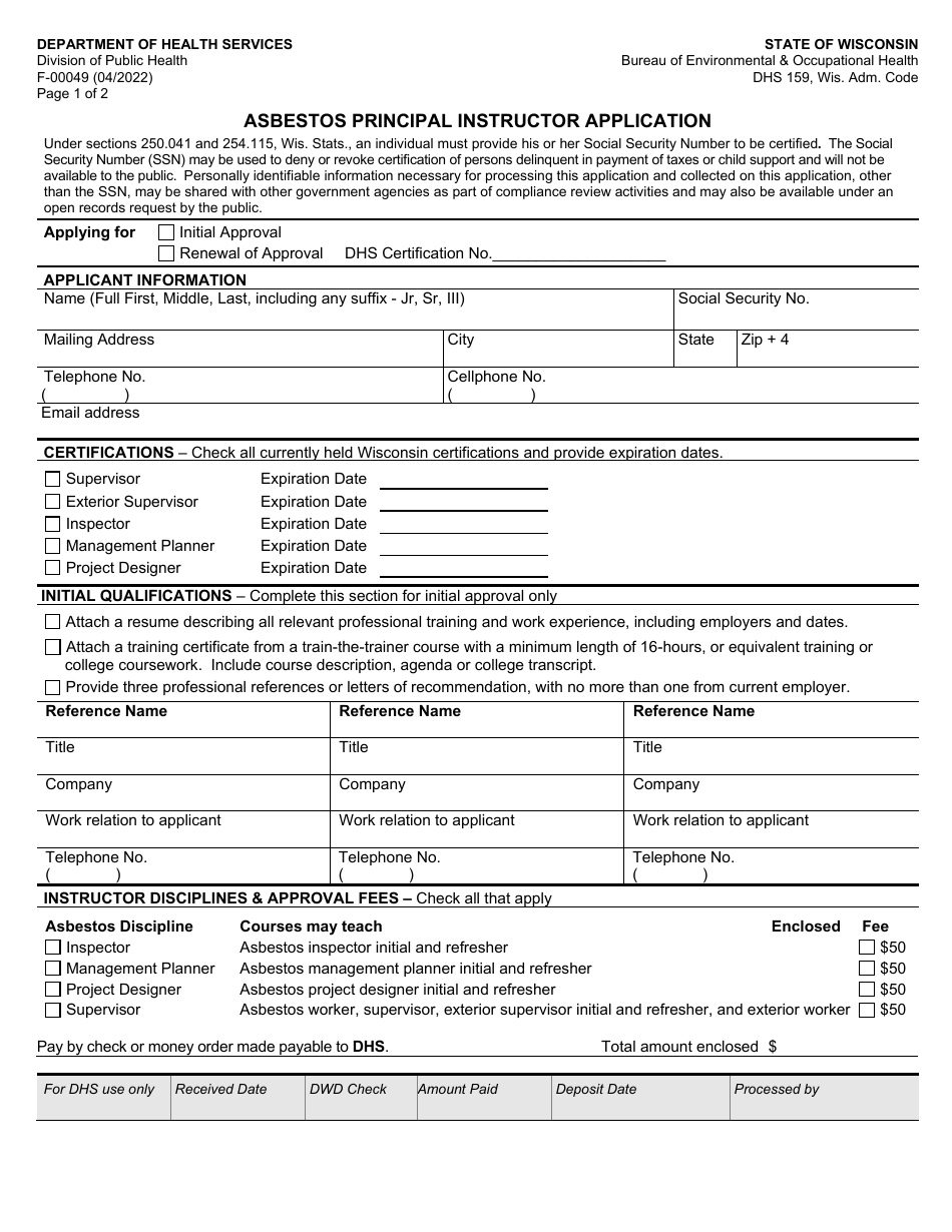 Form F-00049 Asbestos Principal Instructor Application - Wisconsin, Page 1