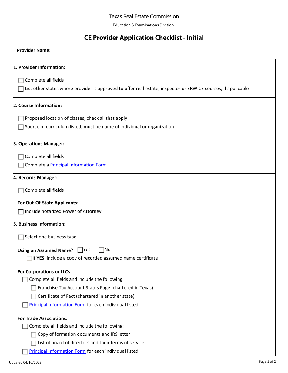 Ce Provider Application Checklist - Initial - Texas, Page 1