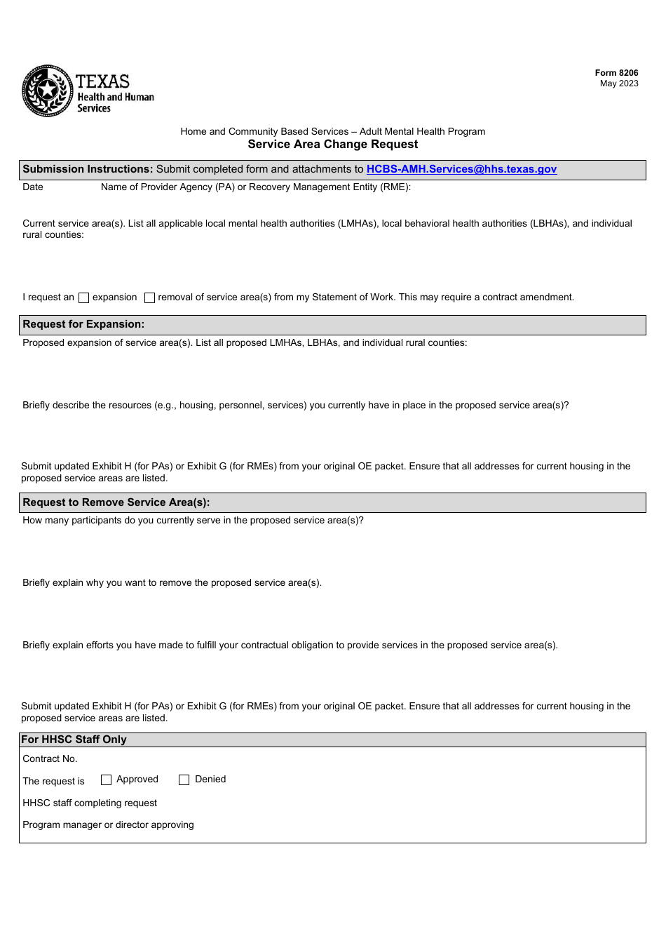 Form 8206 Service Area Change Request - Adult Mental Health Program - Texas, Page 1