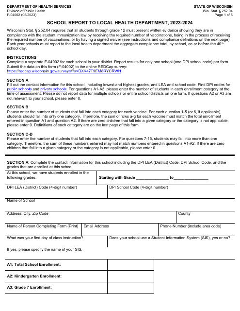 Form F-04002 School Report to Local Health Department - Wisconsin, 2024