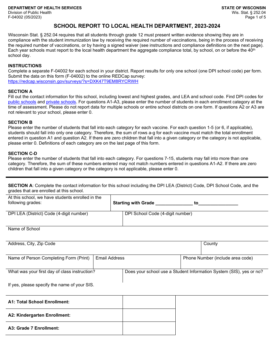 Form F-04002 School Report to Local Health Department - Wisconsin, Page 1