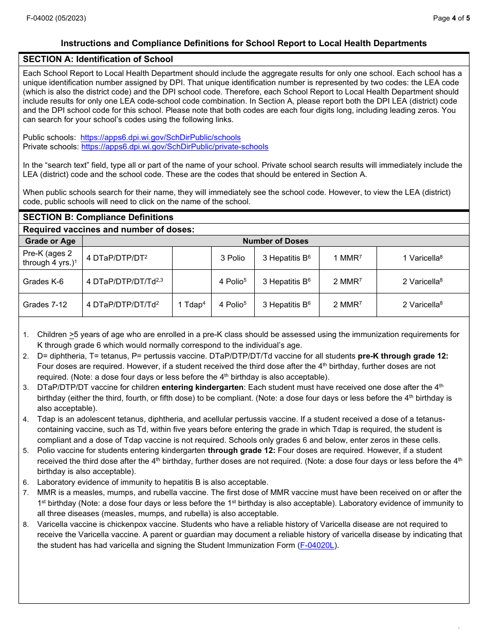 Form F-04002 School Report to Local Health Department - Wisconsin, Page 4