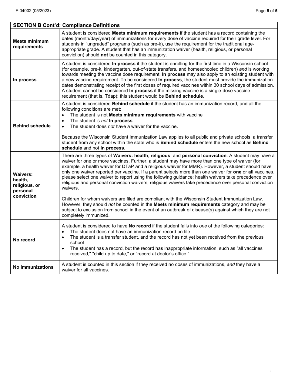 Form F-04002 School Report to Local Health Department - Wisconsin, Page 5