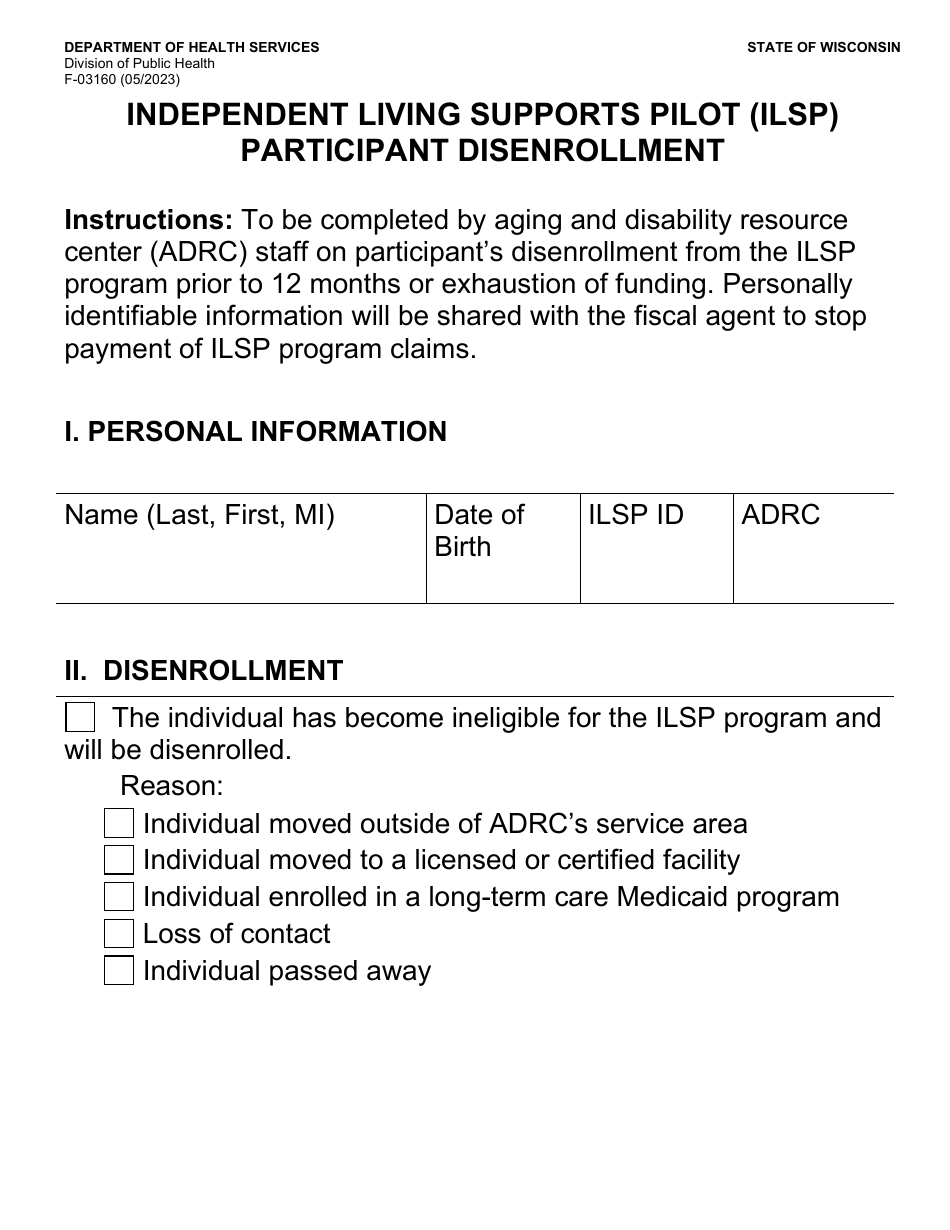 Form F-03160 Independent Living Supports Pilot (Ilsp) Participant Disenrollment (Large Print) - Wisconsin, Page 1