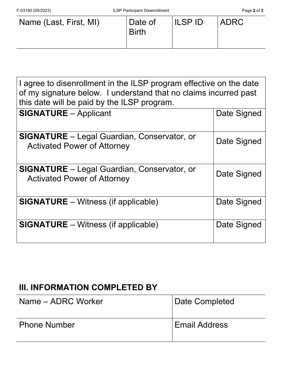 Form F-03160 Independent Living Supports Pilot (Ilsp) Participant Disenrollment (Large Print) - Wisconsin, Page 2