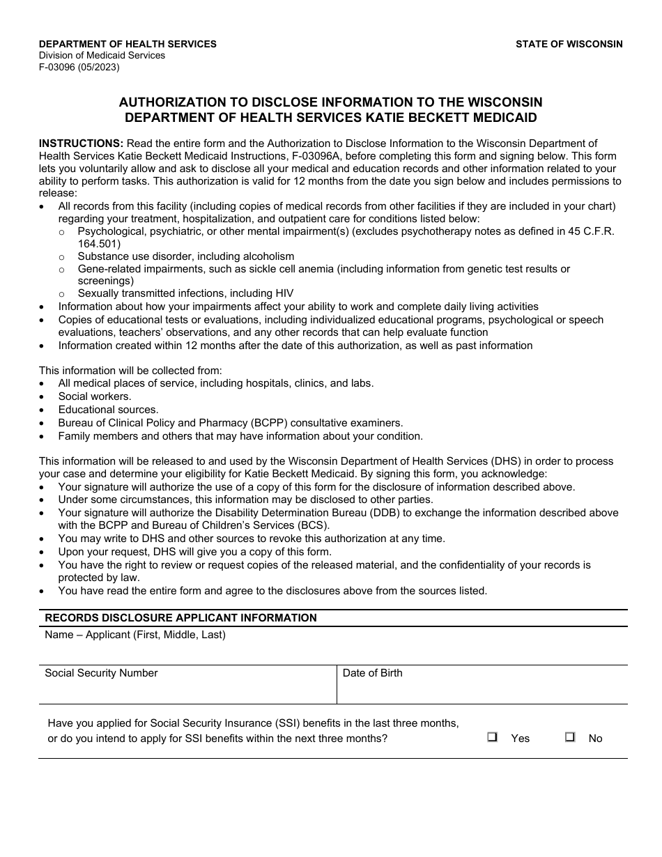 Form F-03096 Authorization to Disclose Information to the Wisconsin Department of Health Services Katie Beckett Medicaid - Wisconsin, Page 1
