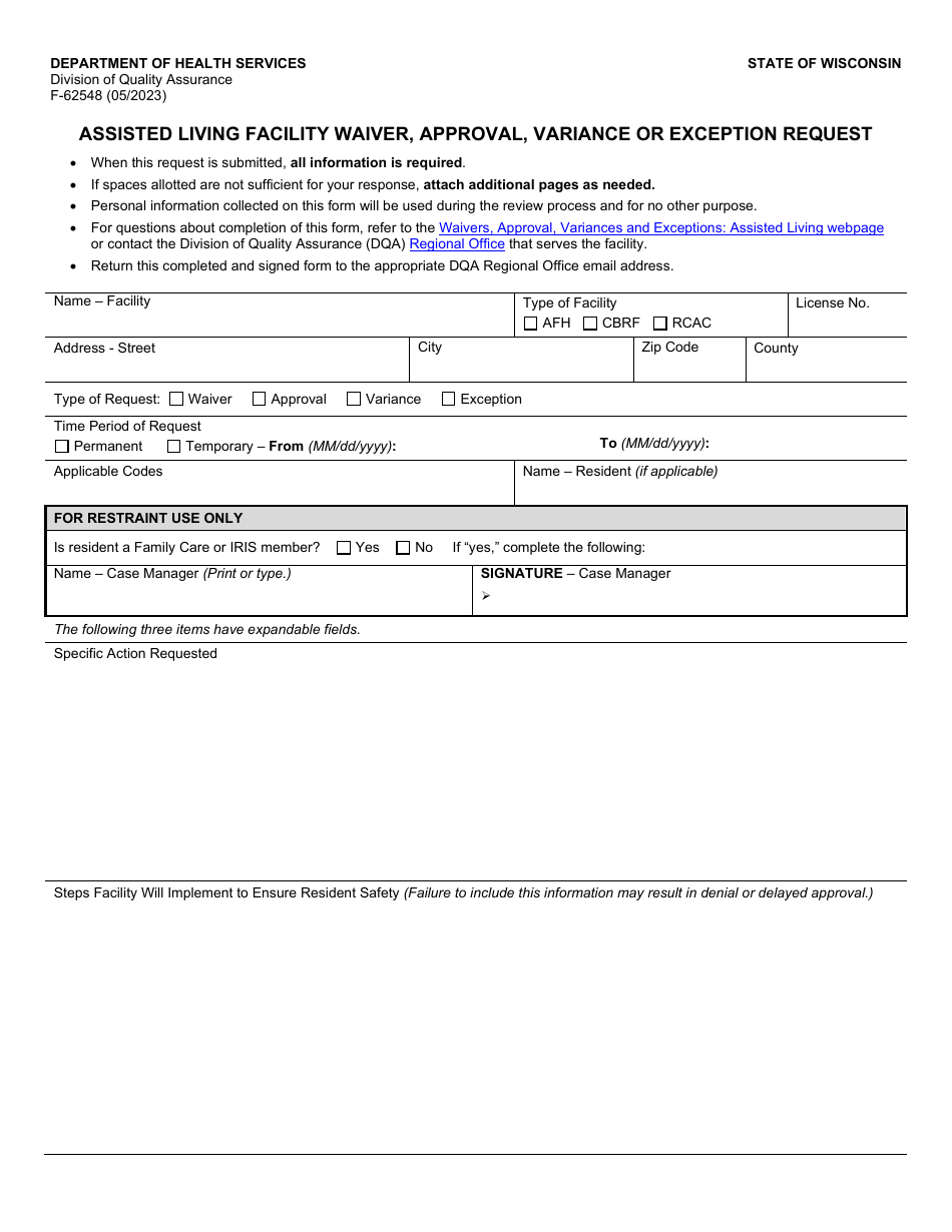 Form F-62548 Assisted Living Facility Waiver, Approval, Variance or Exception Request - Wisconsin, Page 1