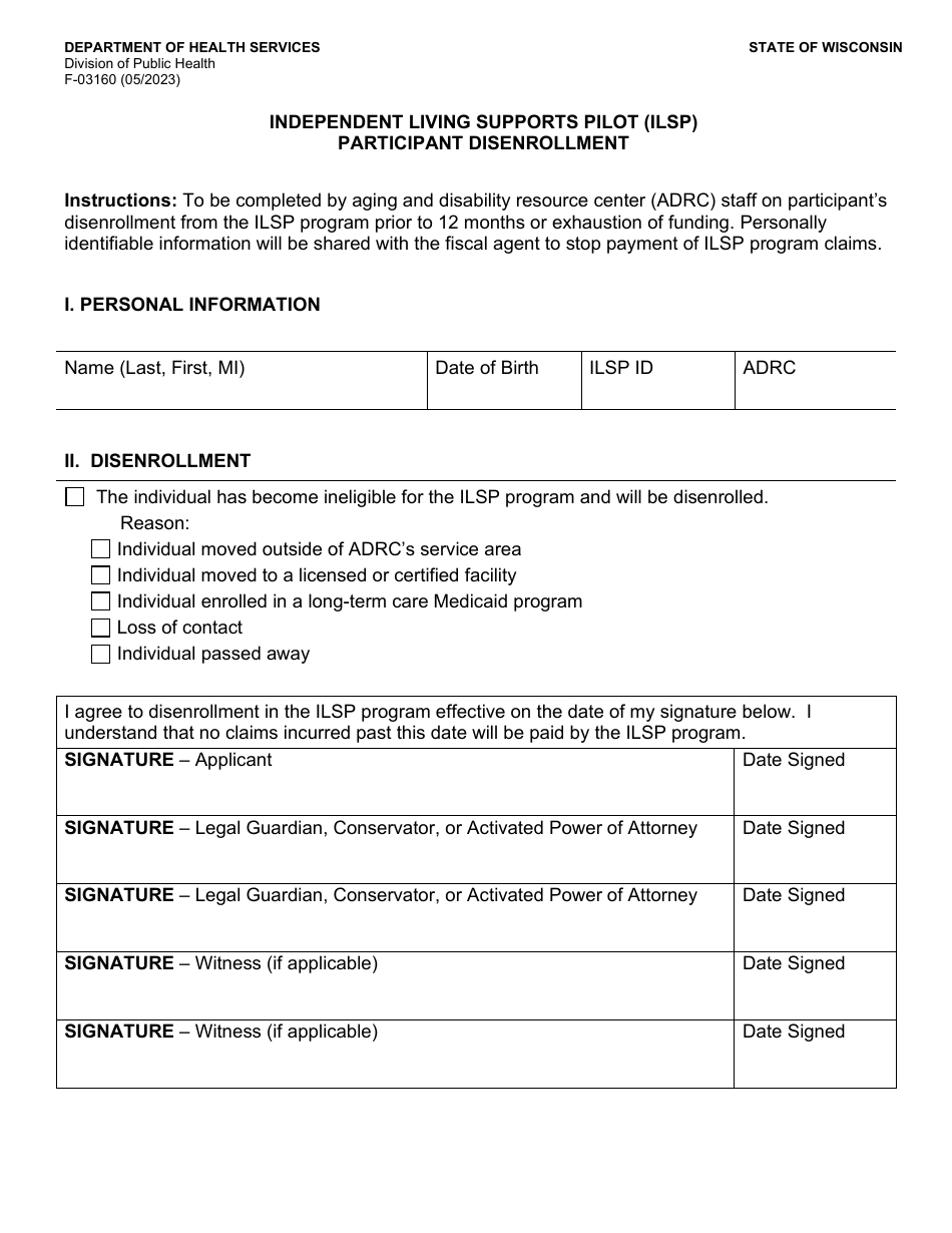 Form F-03160 Independent Living Supports Pilot (Ilsp) Participant Disenrollment - Wisconsin, Page 1