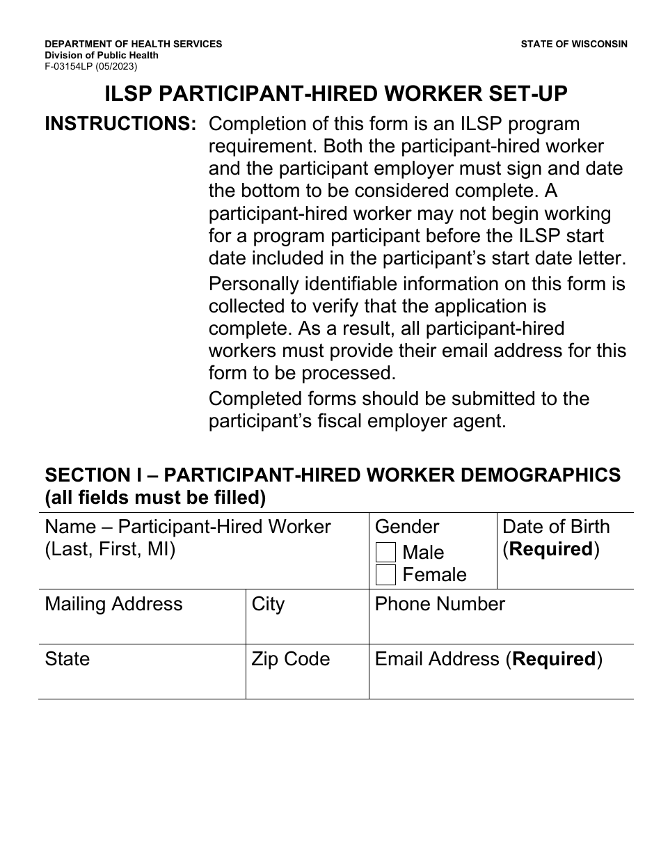 Form F-03154LP Ilsp Participant-Hired Worker Set-Up (Large Print) - Wisconsin, Page 1
