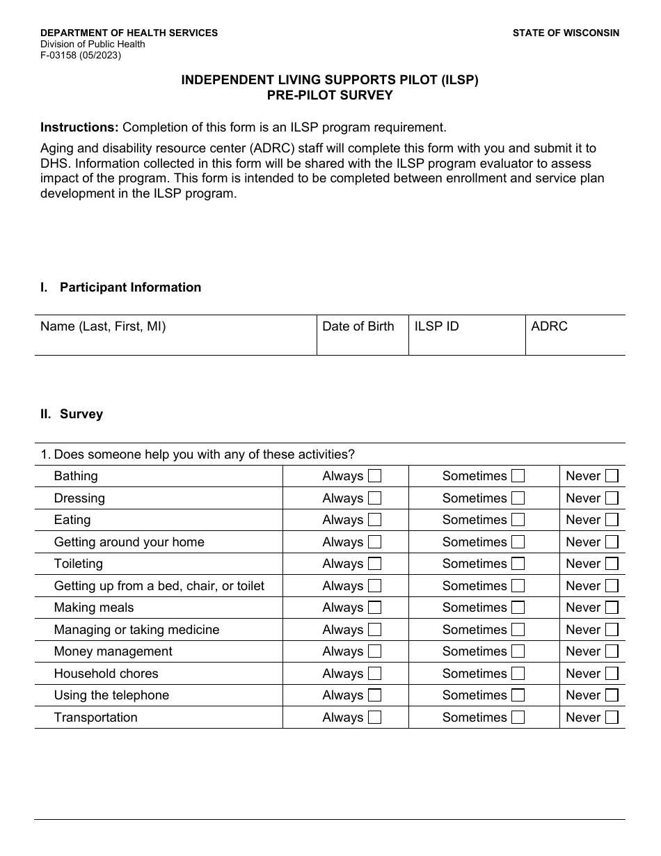 Form F-03158 Independent Living Supports Pilot (Ilsp) Pre-pilot Survey - Wisconsin, Page 1