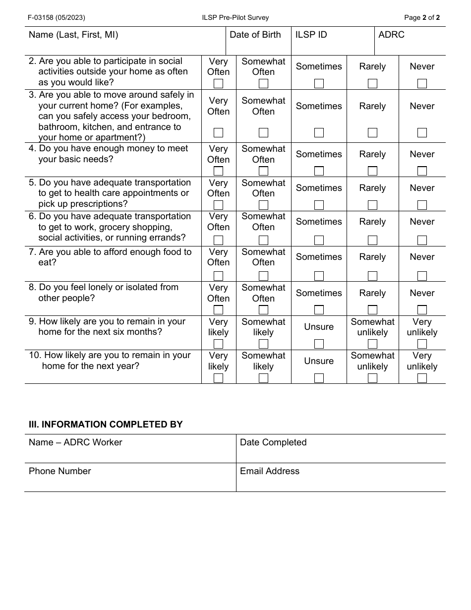 Form F-03158 Independent Living Supports Pilot (Ilsp) Pre-pilot Survey - Wisconsin, Page 2
