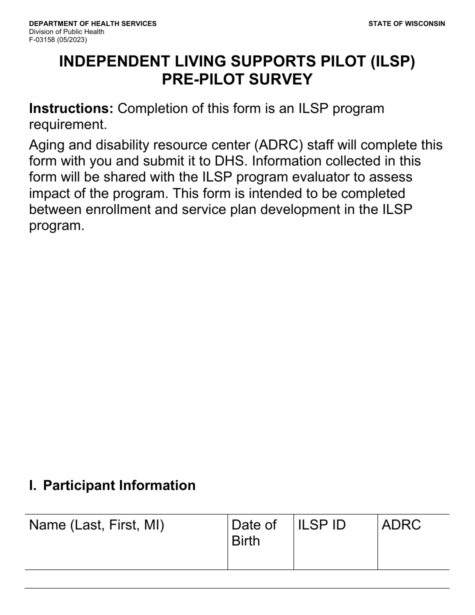 Form F-03158LP Independent Living Supports Pilot (Ilsp) Pre-pilot Survey - Large Print - Wisconsin, Page 1
