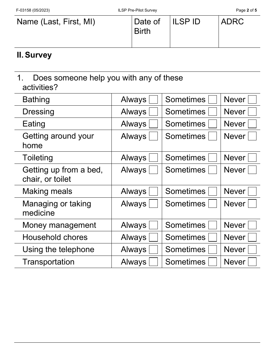 Form F-03158LP Independent Living Supports Pilot (Ilsp) Pre-pilot Survey - Large Print - Wisconsin, Page 2