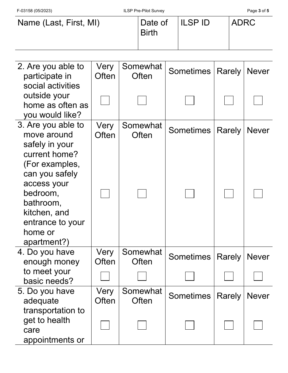 Form F-03158LP Independent Living Supports Pilot (Ilsp) Pre-pilot Survey - Large Print - Wisconsin, Page 3