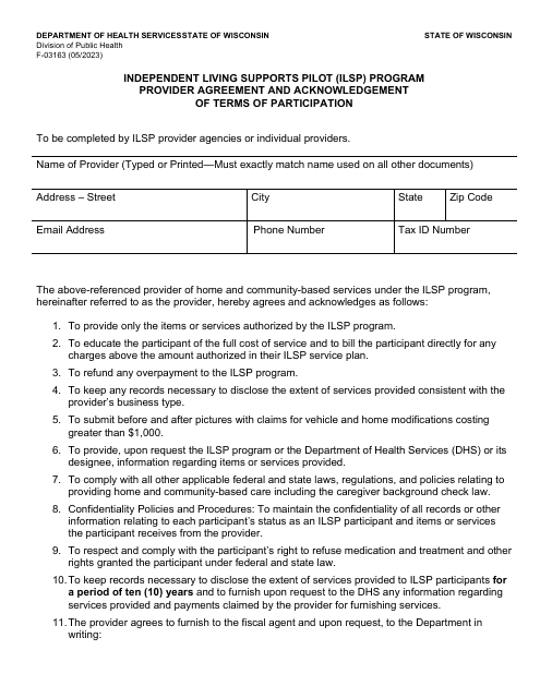 Form F-03163 Independent Living Supports Pilot (Ilsp) Program Provider Agreement and Acknowledgement of Terms of Participation - Wisconsin