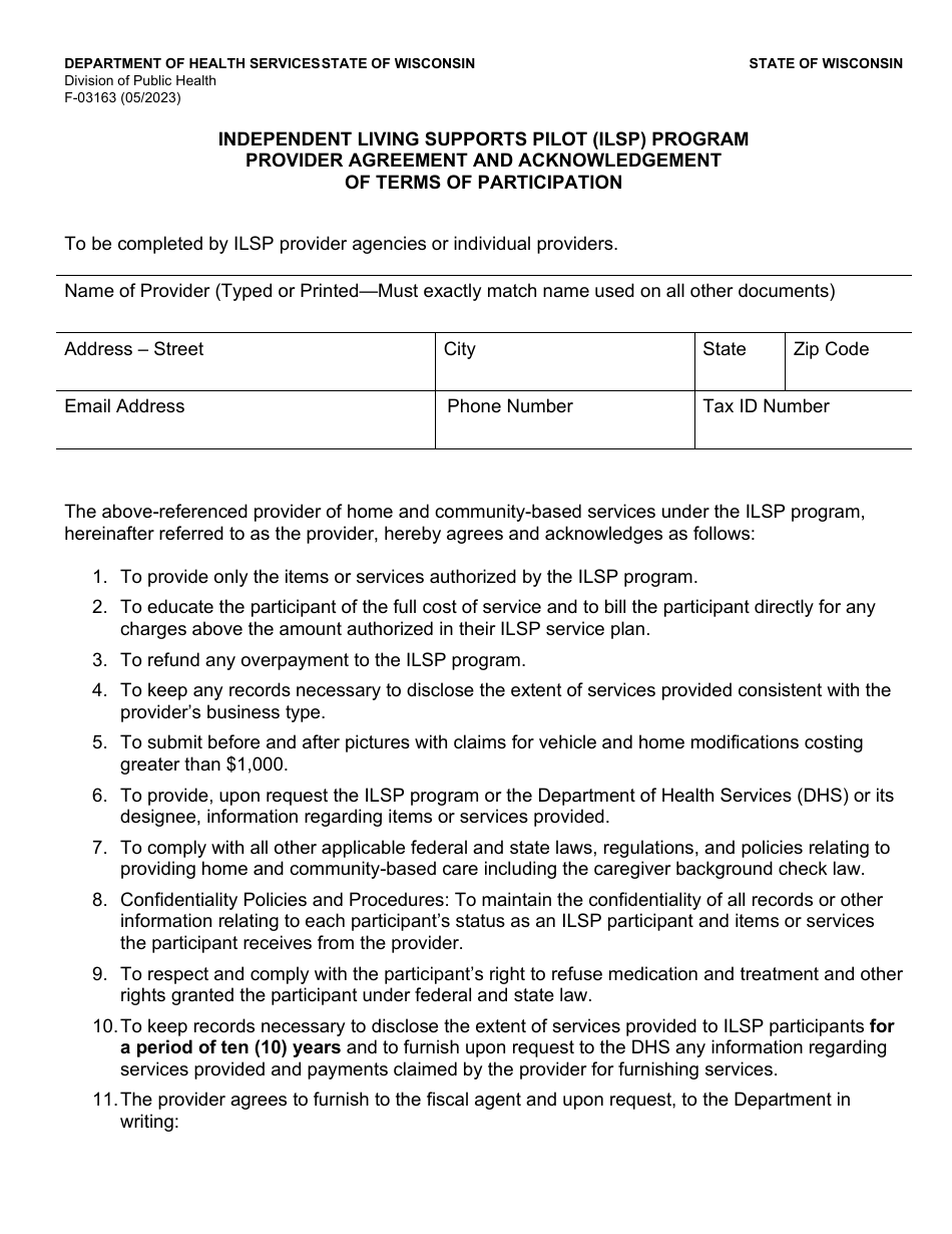Form F-03163 Independent Living Supports Pilot (Ilsp) Program Provider Agreement and Acknowledgement of Terms of Participation - Wisconsin, Page 1