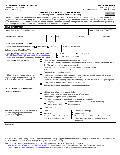 Form F-44771B Nursing Case Closure Report - Case Management of Children With Lead Poisoning - Wisconsin