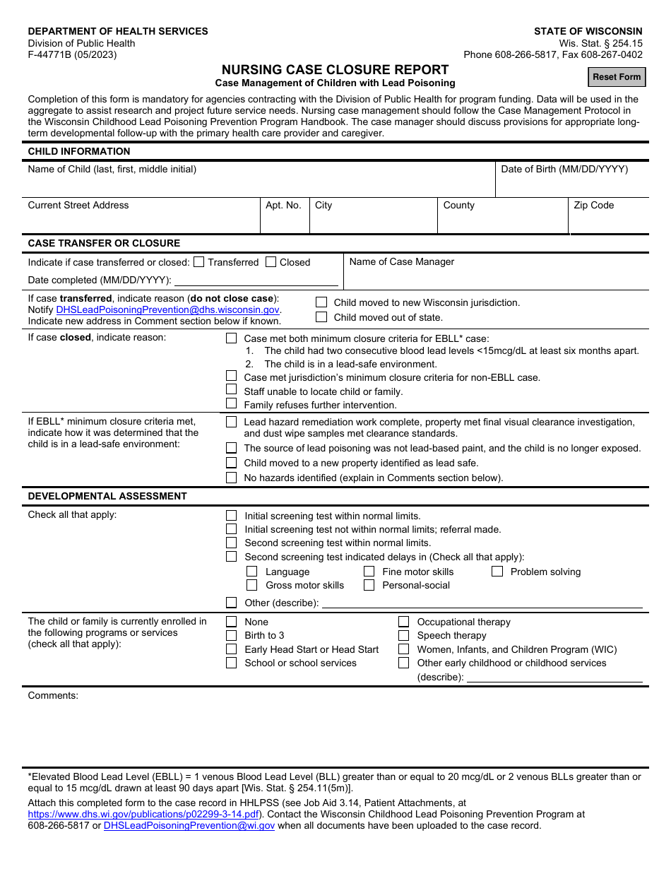 Form F-44771B Nursing Case Closure Report - Case Management of Children With Lead Poisoning - Wisconsin, Page 1