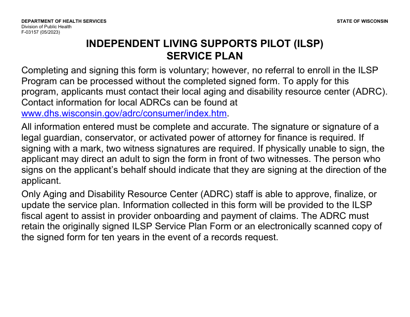 Form F-03157 Independent Living Supports Pilot (Ilsp) Service Plan (Large Print) - Wisconsin