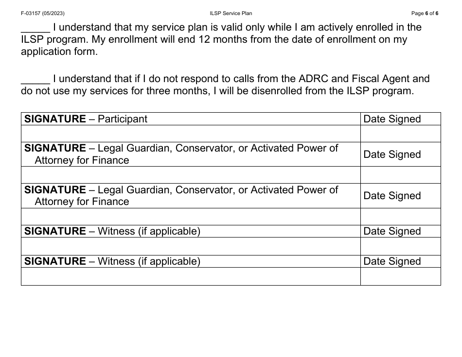 Form F-03157 Independent Living Supports Pilot (Ilsp) Service Plan (Large Print) - Wisconsin, Page 6
