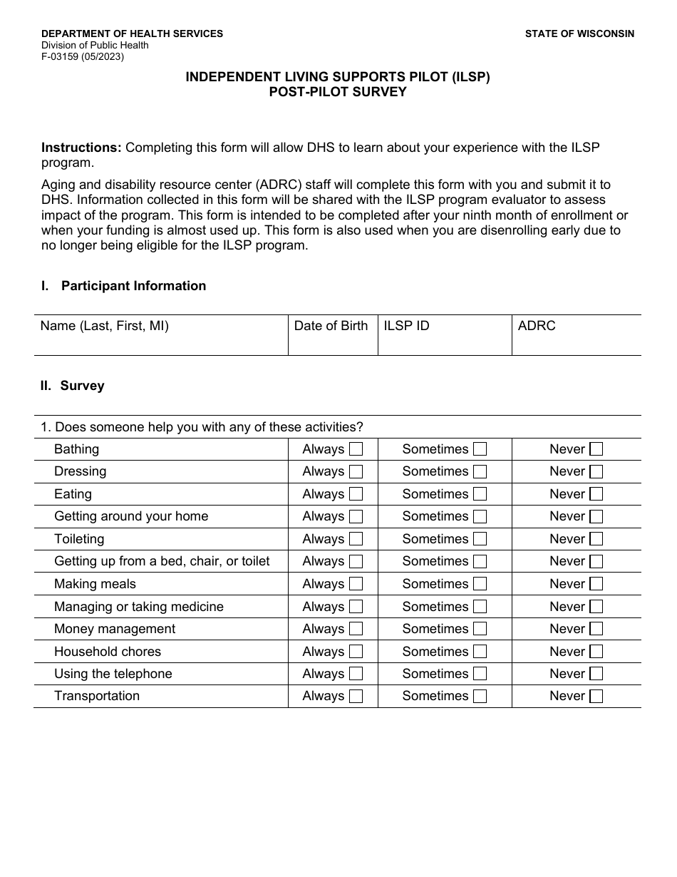 Form F-03159 Independent Living Supports Pilot (Ilsp) Post-pilot Survey - Wisconsin, Page 1
