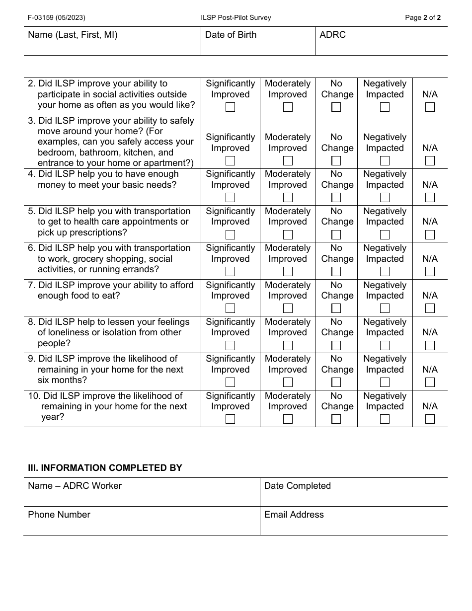 Form F-03159 Independent Living Supports Pilot (Ilsp) Post-pilot Survey - Wisconsin, Page 2