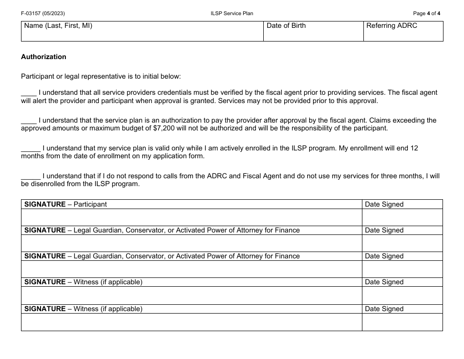 Form F-03157 Independent Living Supports Pilot (Ilsp) Service Plan - Wisconsin, Page 4