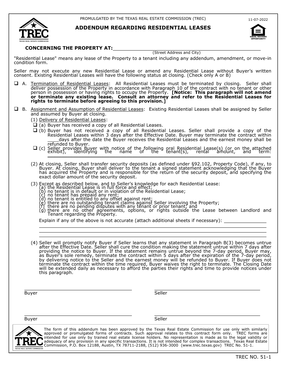TREC Form 51-1 Addendum Regarding Residential Leases - Texas, Page 1