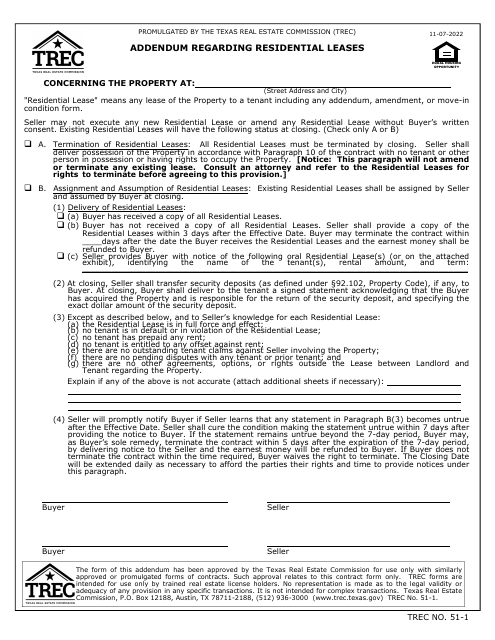 TREC Form 51-1 Addendum Regarding Residential Leases - Texas
