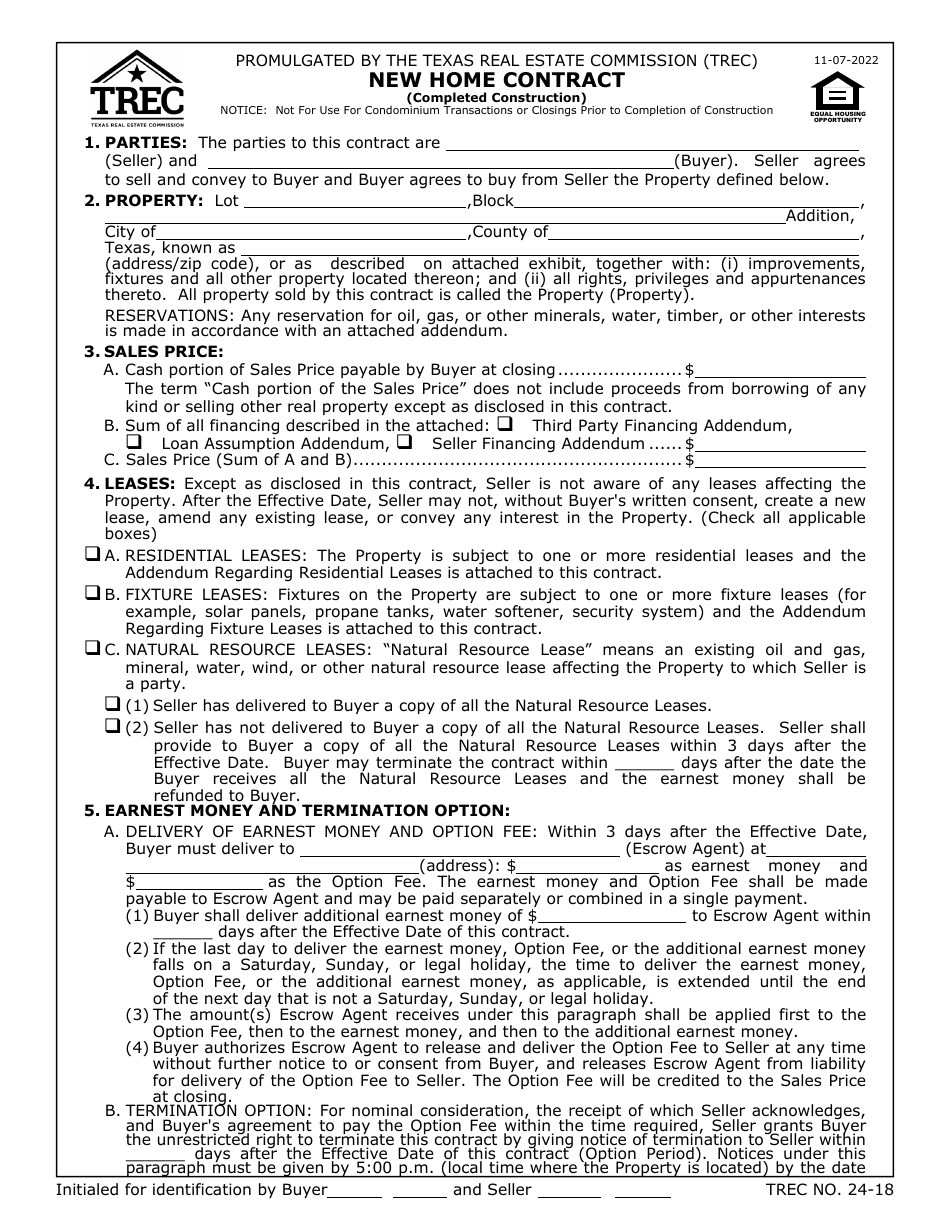 TREC Form 24-18 New Home Contract - Texas, Page 1