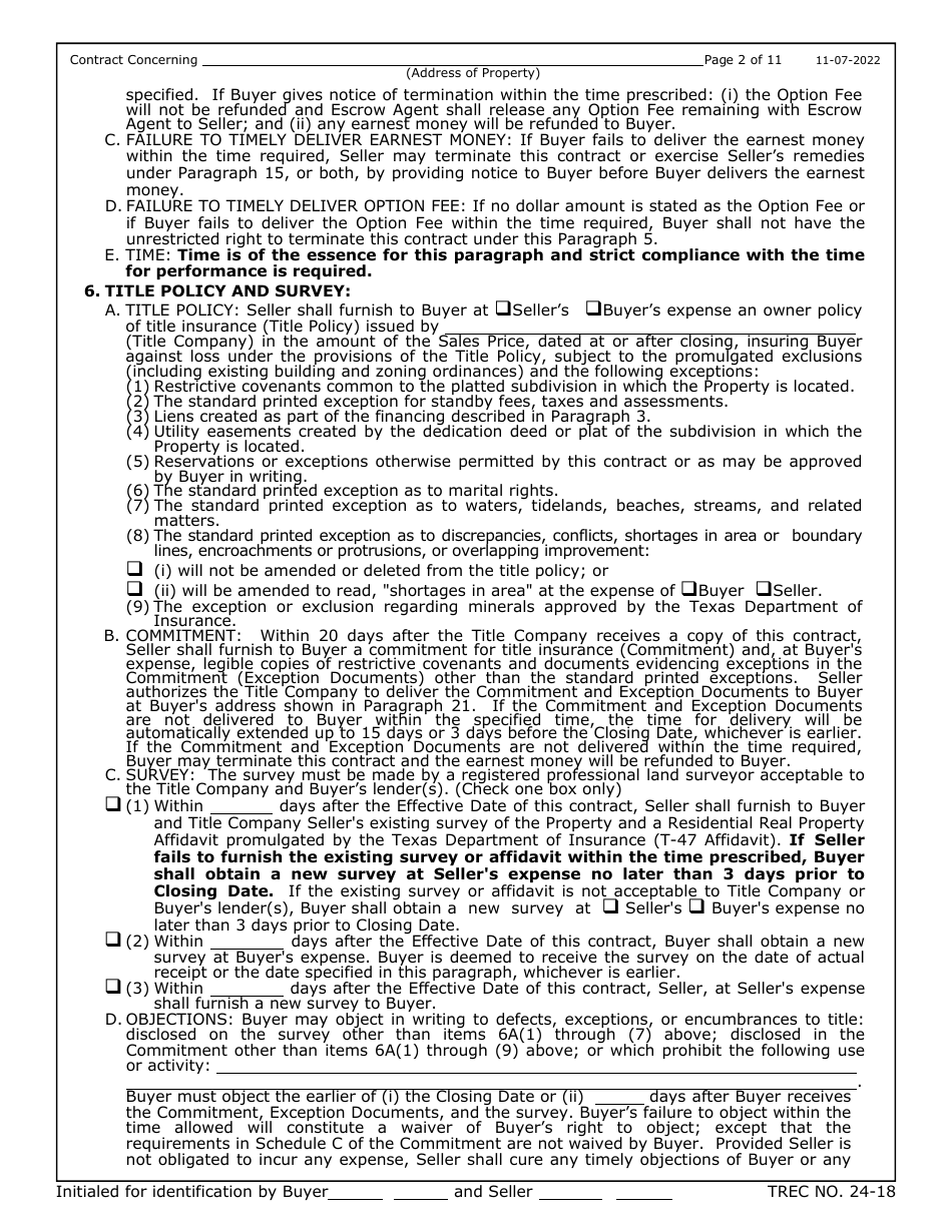 TREC Form 24-18 New Home Contract - Texas, Page 2