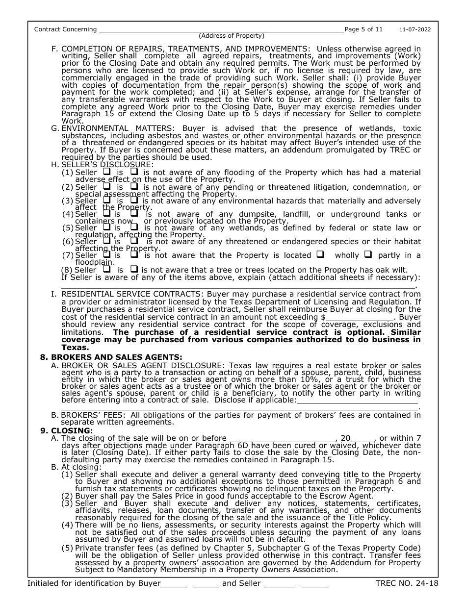 TREC Form 24-18 New Home Contract - Texas, Page 5