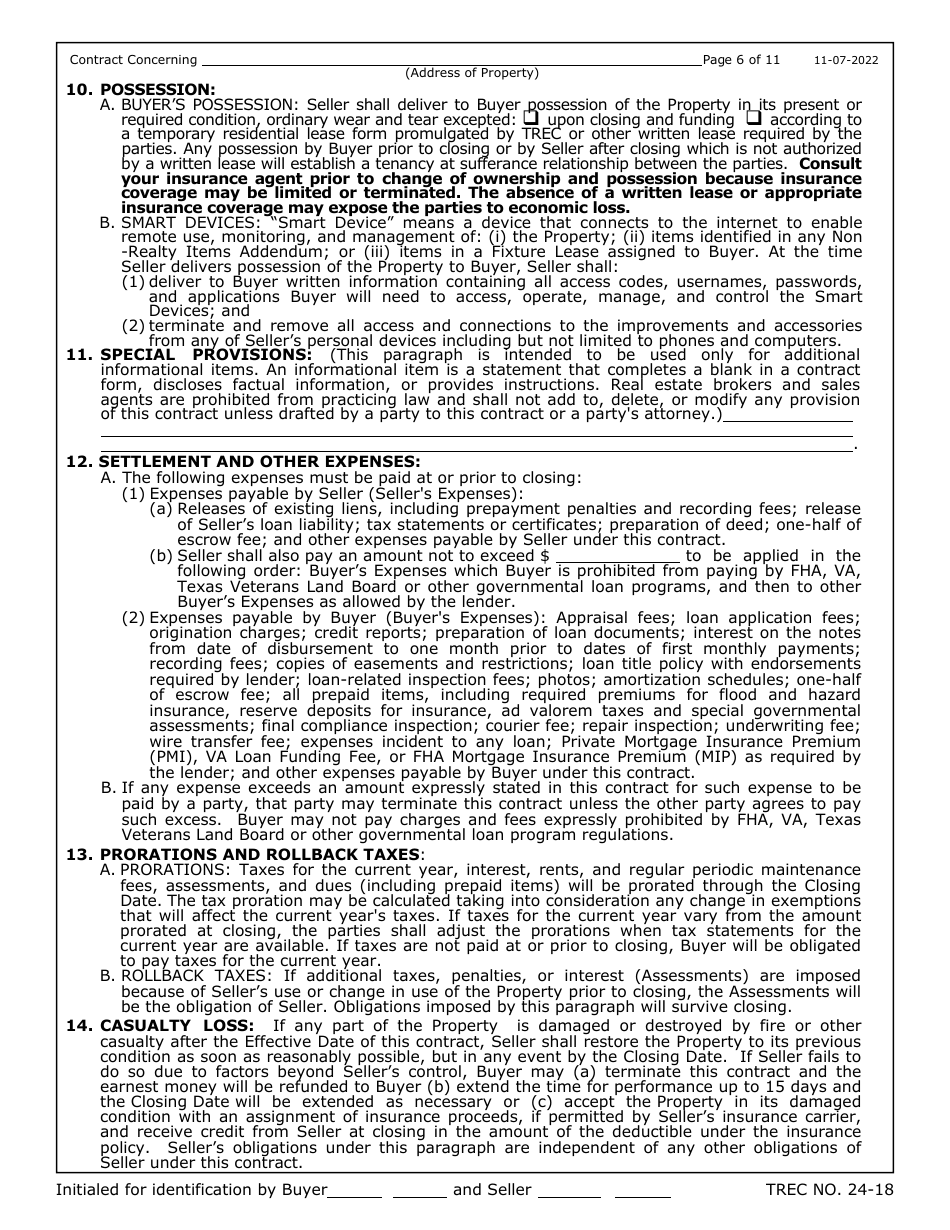 TREC Form 24-18 New Home Contract - Texas, Page 6
