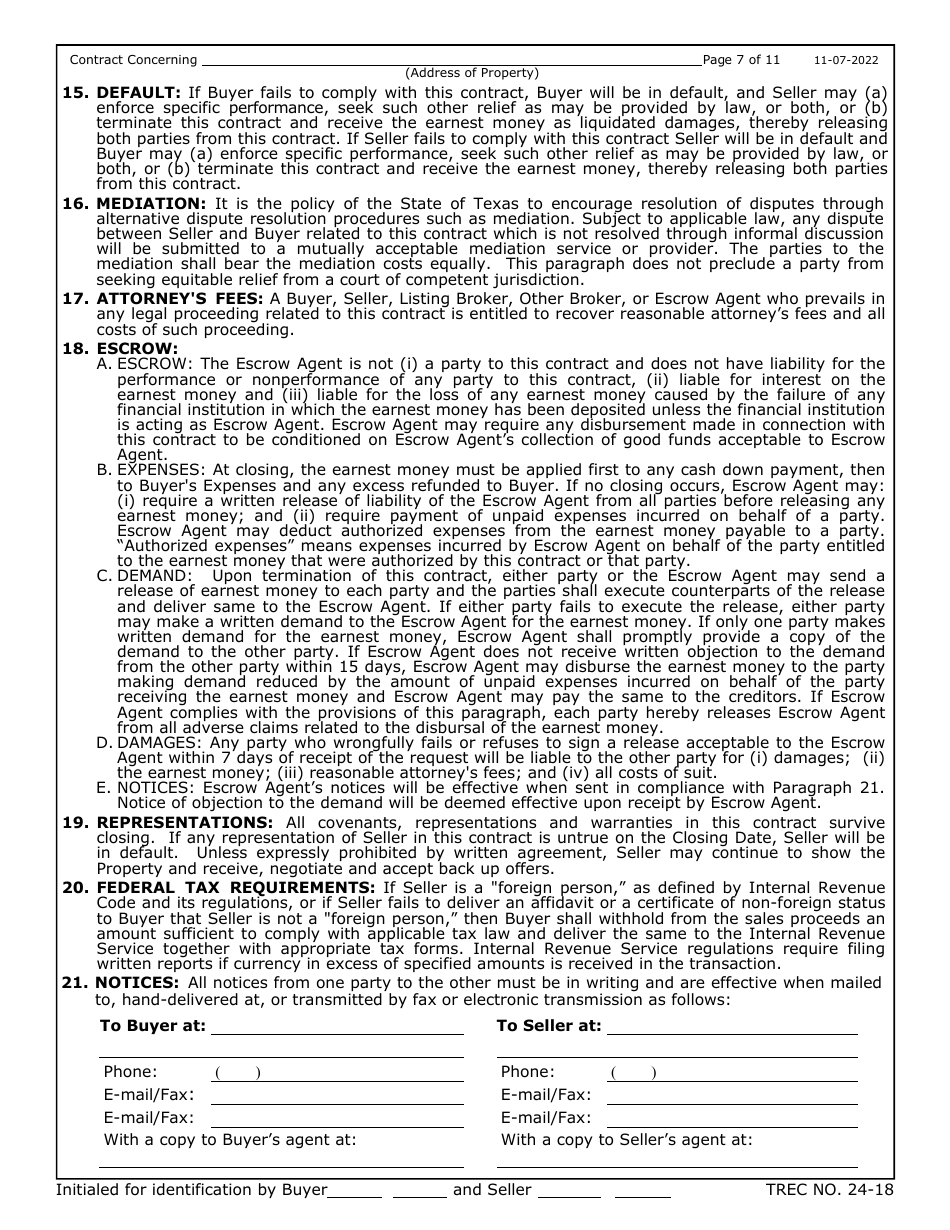 TREC Form 24-18 New Home Contract - Texas, Page 7