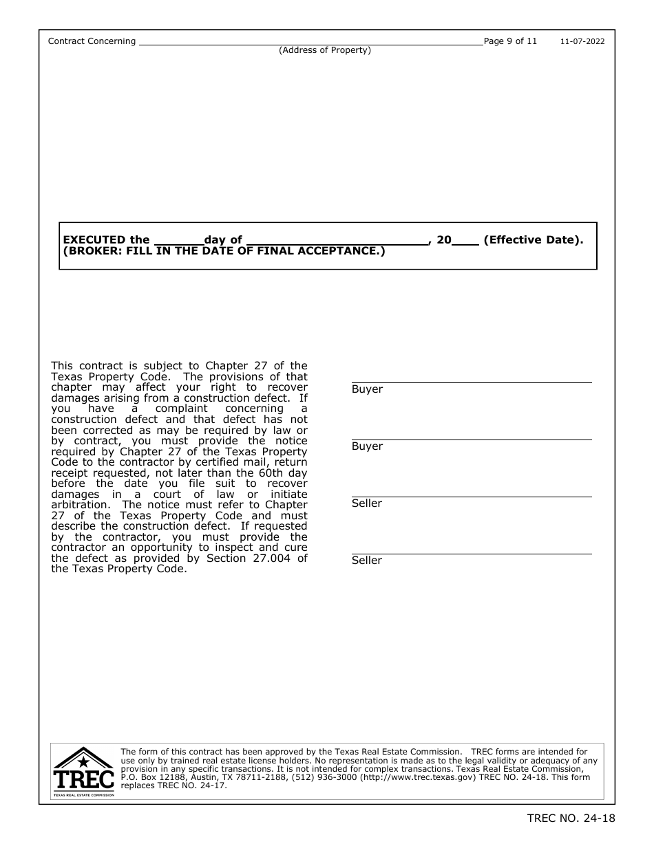 TREC Form 24-18 New Home Contract - Texas, Page 9