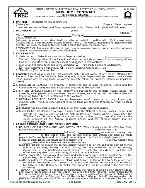 TREC Form 24-18 New Home Contract - Texas