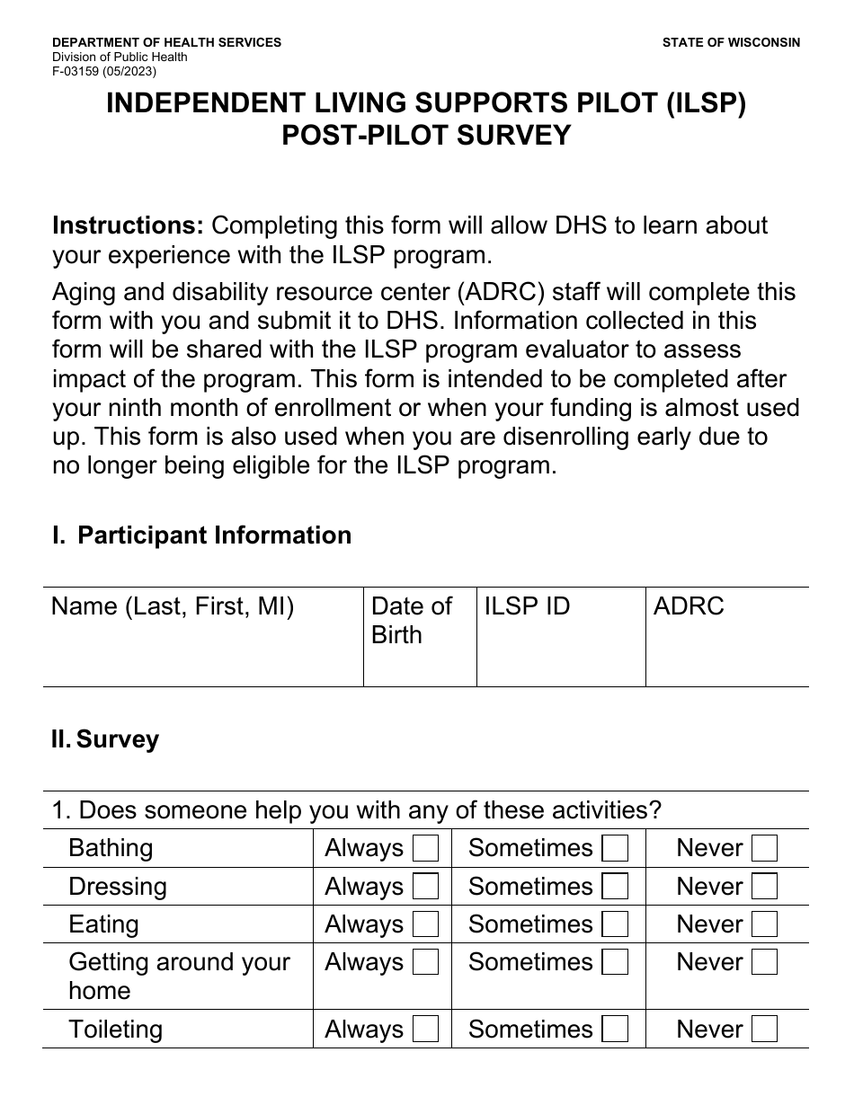 Form F-03159LP Independent Living Supports Pilot (Ilsp) Post-pilot Survey (Large Print) - Wisconsin, Page 1