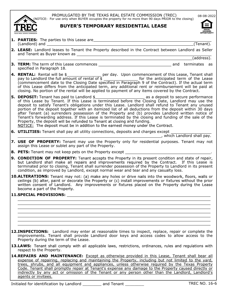 TREC Form 16-6 Buyers Temporary Residential Lease - Texas, Page 1