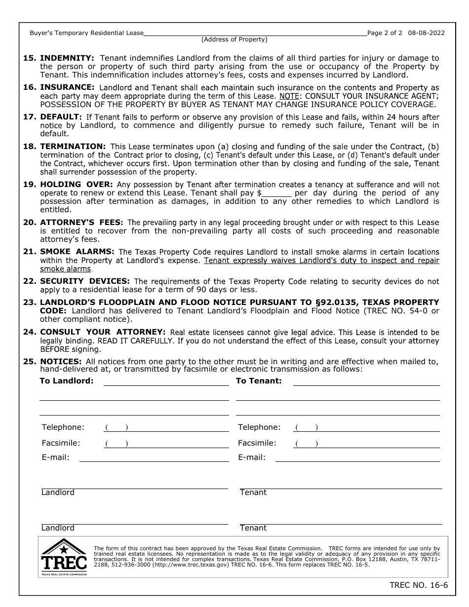 TREC Form 16-6 Buyers Temporary Residential Lease - Texas, Page 2