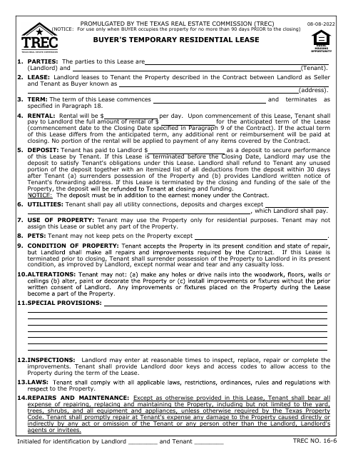 TREC Form 16-6 Buyer's Temporary Residential Lease - Texas