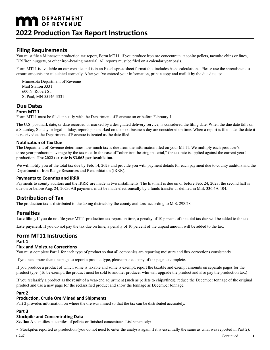 Instructions for Form MT11 Production Tax Report - Minnesota, Page 1