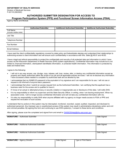 Form F-02118 Authorized Submitter Designation for Access to Program Participation System (Pps) and Functional Screen Information Access (Fsia) - Wisconsin