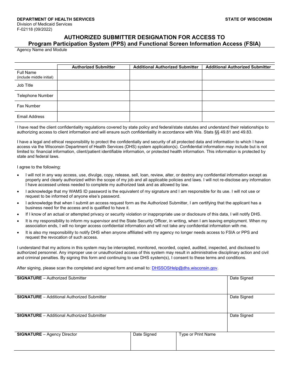 Form F-02118 Authorized Submitter Designation for Access to Program Participation System (Pps) and Functional Screen Information Access (Fsia) - Wisconsin, Page 1