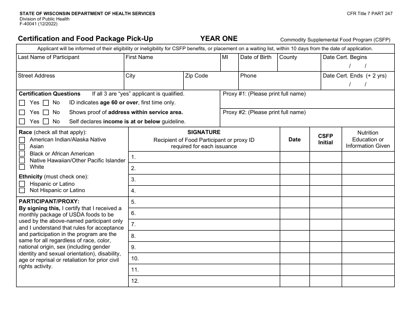 Form F-40041 Certification and Food Package Pick-Up - Wisconsin
